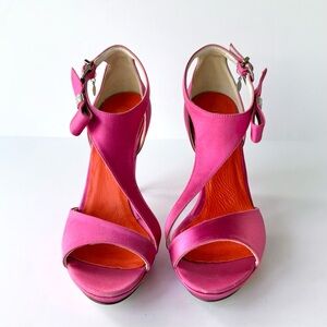 D. Lacquaniti Satin & Rhinestone Embellished Magenta Pink High Heel Sandals 37 7
